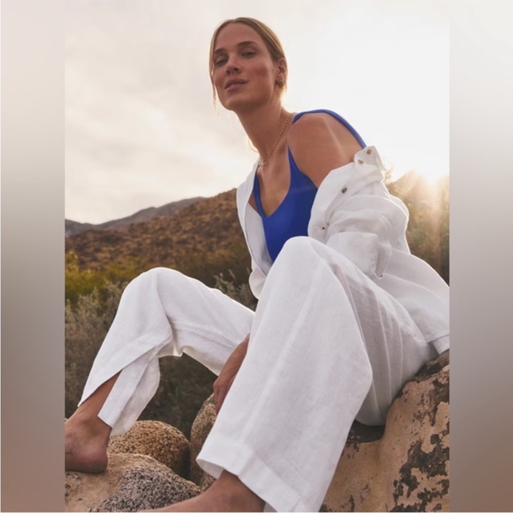 Athleta Retreat Linen High Rise Wide Leg Pants White Size Large l NWT